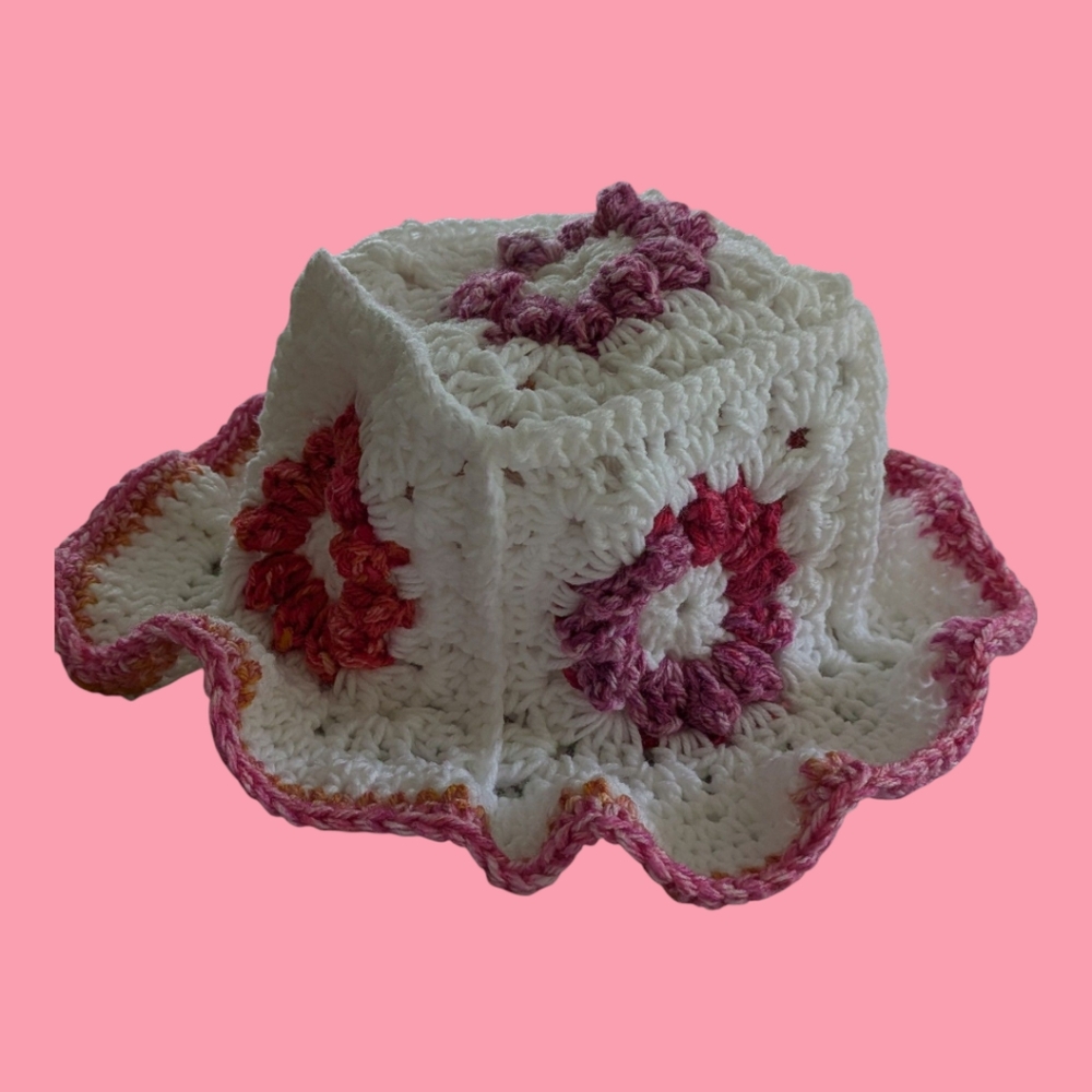 Handcrafted Crochet Hat - White and Pink - Picture 2 of 6